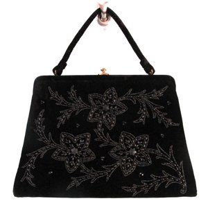 Vintage Soure Bag Beaded Velvet Framed Handbag. Jet Black Beads in a floral patt